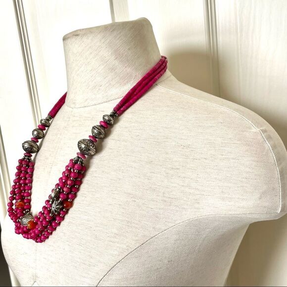 Silver tone pink beaded with carnelian 6 strand statement necklace - Picture 6 of 15
